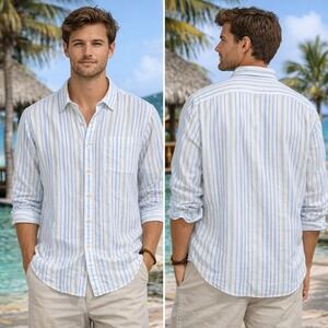 Tommy Bahama Relax Men's  100% Linen Size XL White Blue Striped Dress Shirt EUC